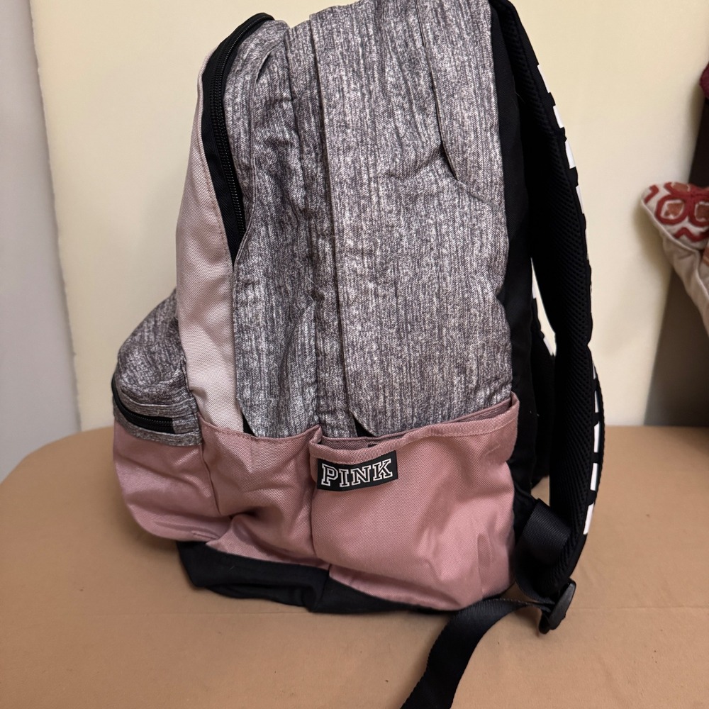 PINK Victoria's Secret Backpack Rose Gold‎ Grey Black Logo School Bag - Picture 6 of 10